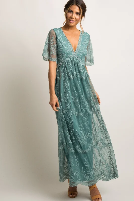 Sage Lace Mesh Overlay Maxi Dress