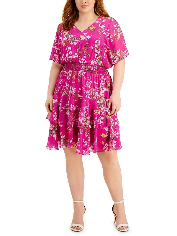 Plus Womens Floral Tiered Fit & Flare Dress