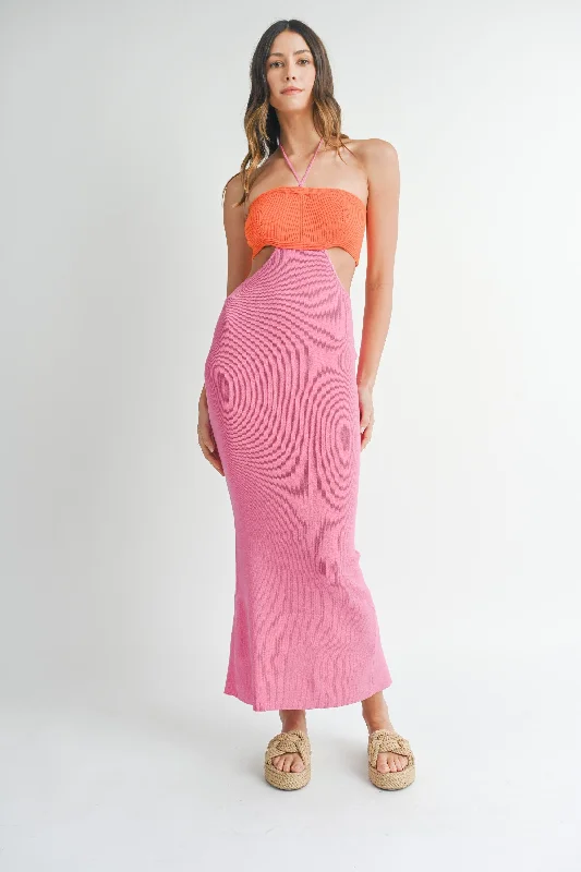 Orange Pink Colorblock Fitted Maxi