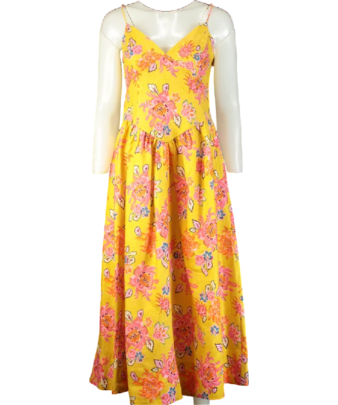 Rhode Resort Yellow floral Sophie Linen Midi Dress UK 10