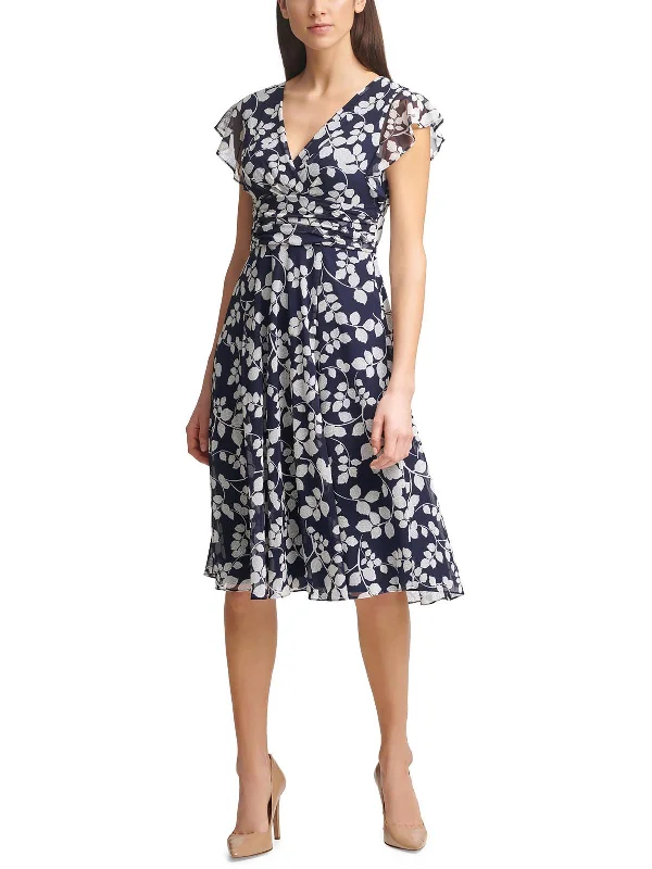 Petites Womens Cocktail Midi Fit & Flare Dress