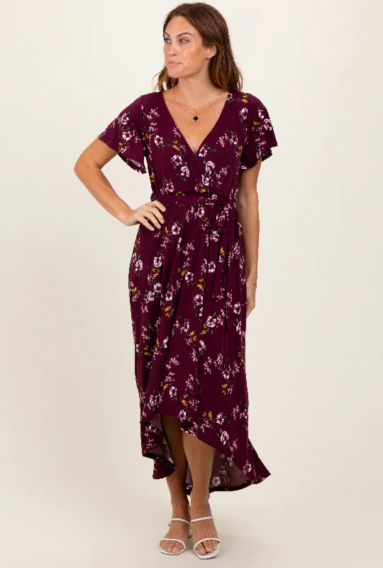 Burgundy Floral Short Sleeve Wrap Hi-Low Maxi Dress