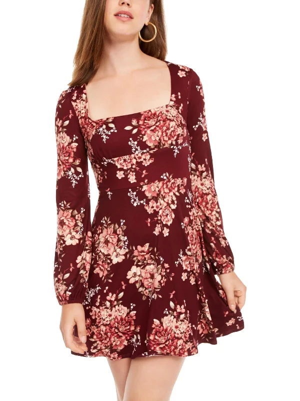 Juniors Womens Floral Square Neck Fit & Flare Dress