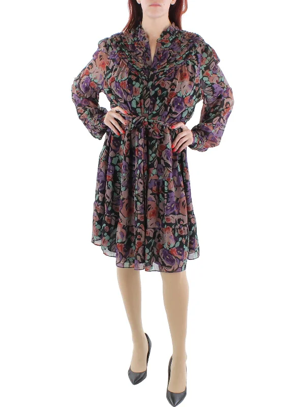 Plus Womens Chiffon Floral Fit & Flare Dress