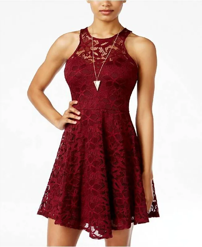 Lace Fit Flare Juniors Sleeveless Skater Dress In Red