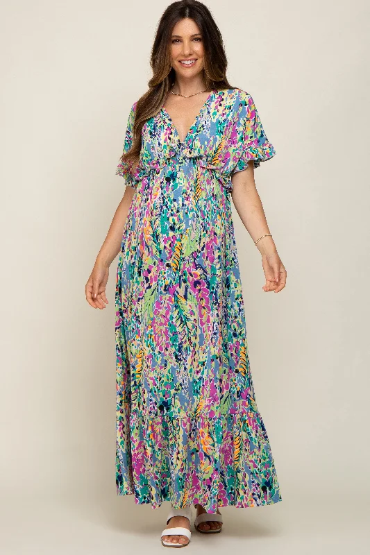 Blue Multi-Color Floral Ruffle Maternity Maxi Dress