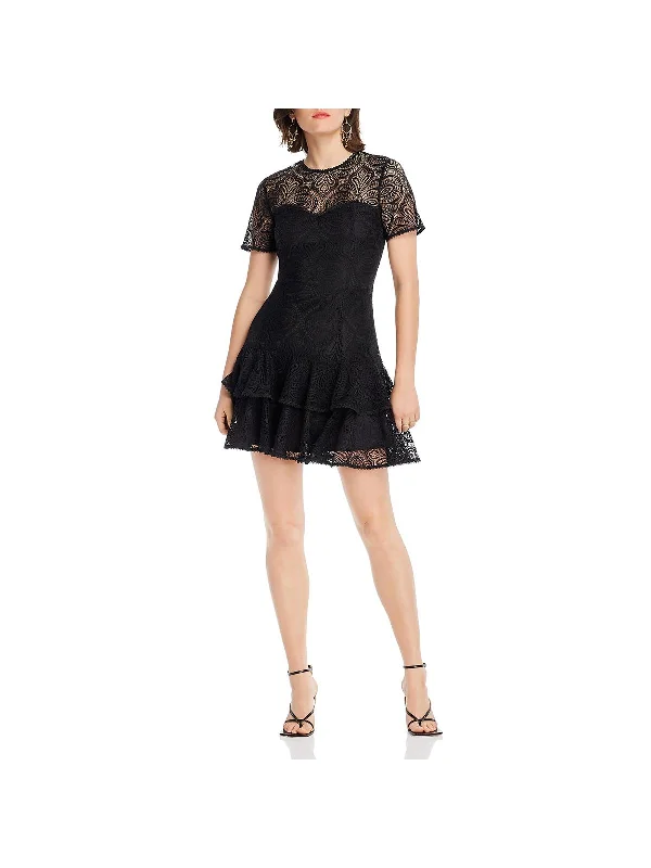 Maya Womens Lace Ruffle Hem Fit & Flare Dress