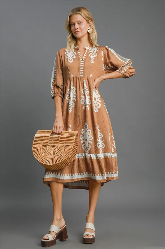 Printed Notched Midi Dress