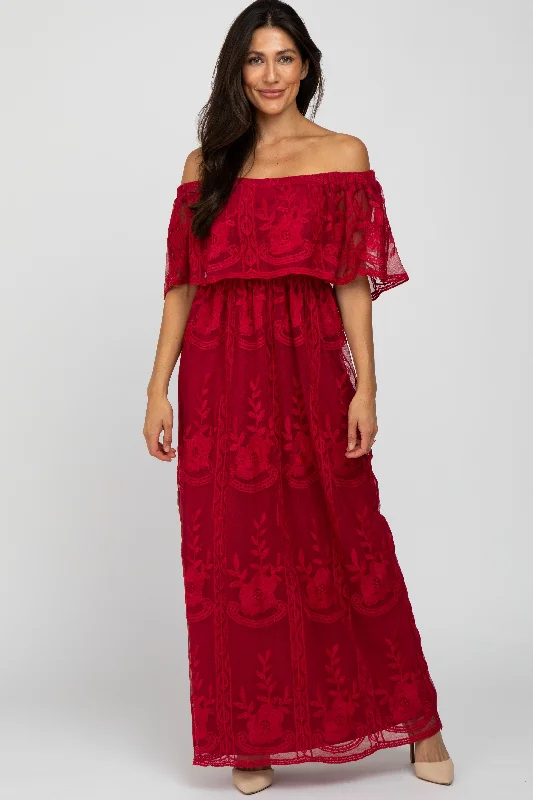 Burgundy  Lace Overlay Off Shoulder Flounce Maxi Dress