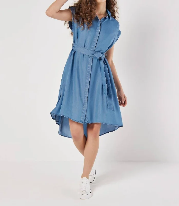 Denim Turn Up High Low Shirt Dress In Denim Blue