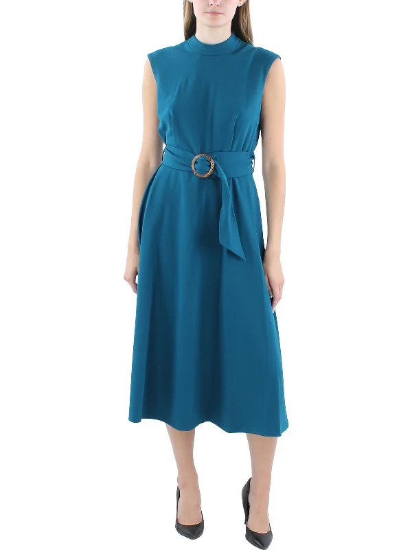 Womens Belted Scuba Fit & Flare Dress