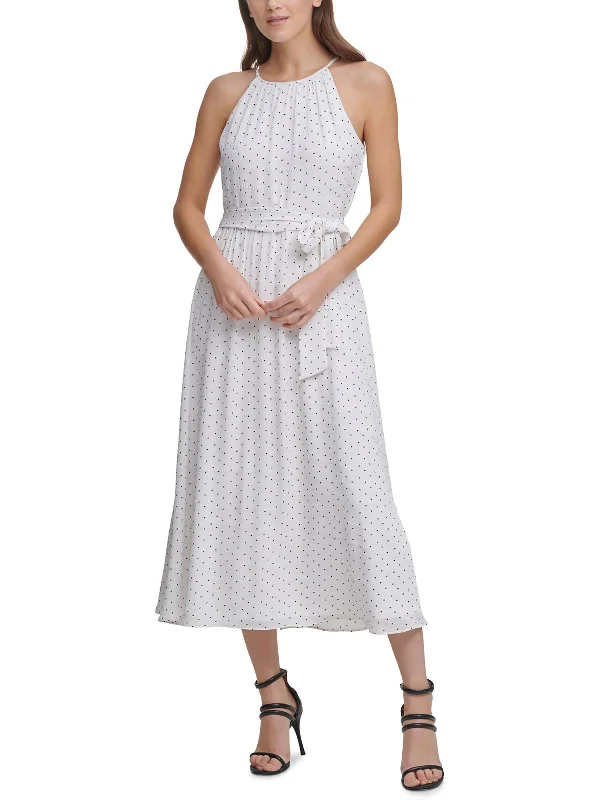 Womens Polka Dot Tea Length Fit & Flare Dress