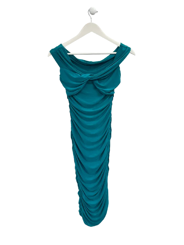 Club L Turquoise Blue Ruched Off The Shoulder Midi Dress UK 6