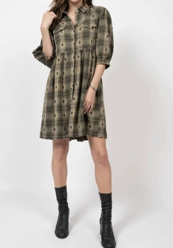 Plaid Pearl Snap Shirt Dress In Olive