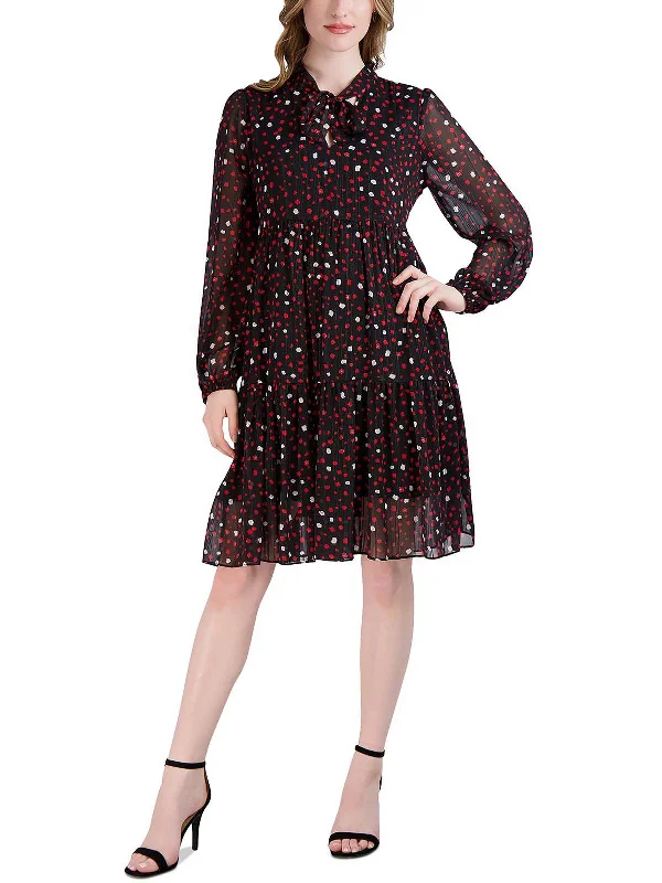 Petites Womens Chiffon Polka Dot Fit & Flare Dress