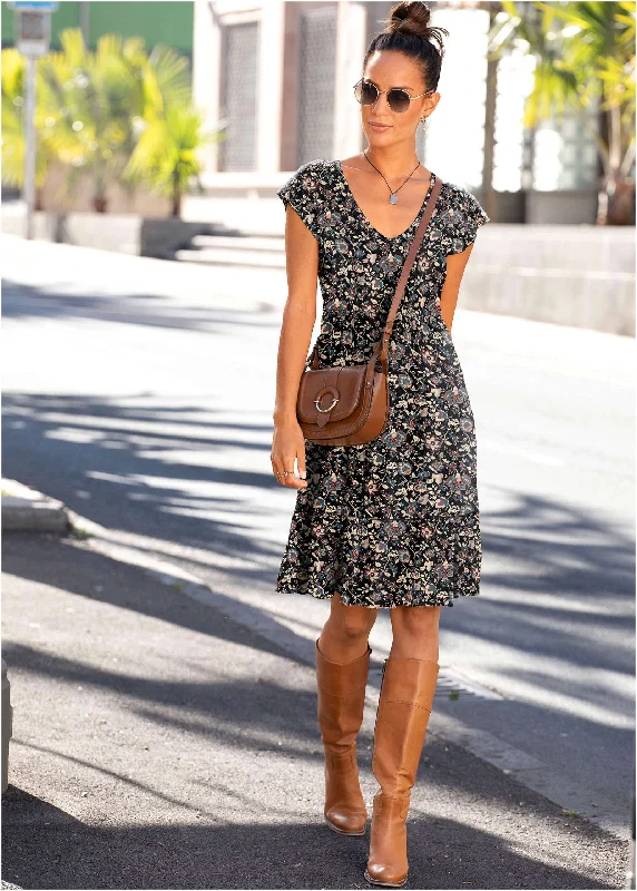 V-Neck Mini Dress - Black Floral