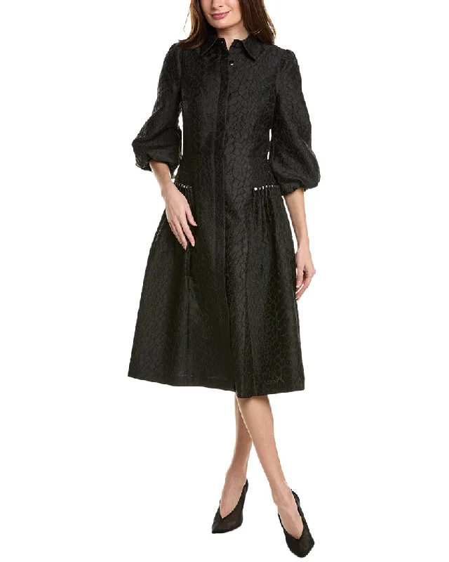 Teri Jon by Rickie Freeman Jacquard Pearl-Trim Shirtdress