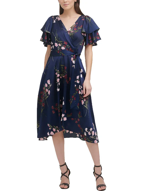 Womens Floral Print Midi Wrap Fit & Flare Dress