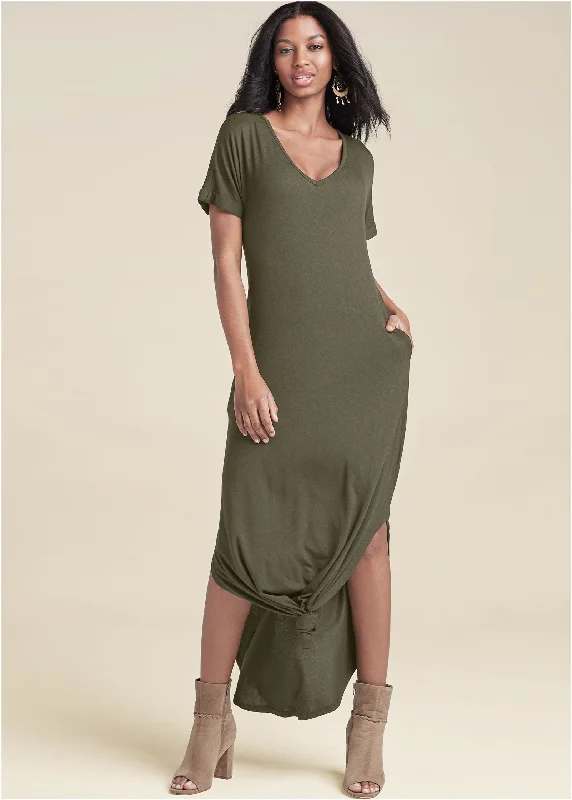 Casual T-Shirt Maxi Dress - Olive