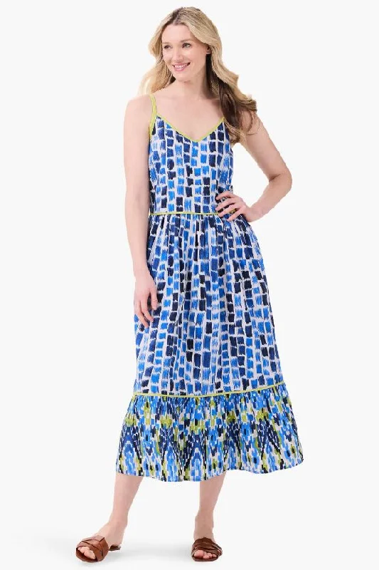 NIC+ZOE Blue/Multi Brushstroke Blues Sleeveless Tiered Maxi Dress M241996