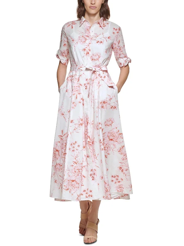 Womens Floral Print Mid Calf Shirtdress