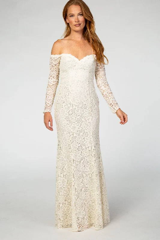 PinkBlush Beige Lace Off Shoulder Long Sleeve Maxi Dress