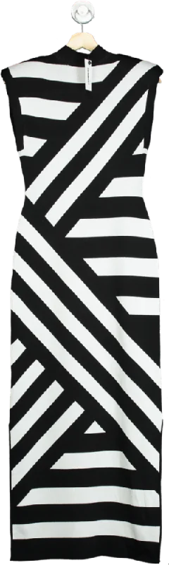 Karen Millen Black and White Stripe Power Shoulder Knit Midi Dress UK S