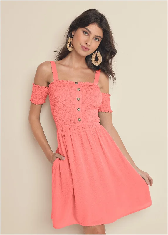 Smocked A-Line Mini Dress - Coral