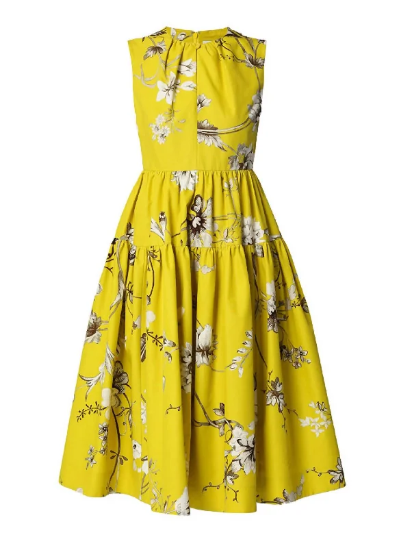 Eleonore Cotton Flare Midi Dress In Chartreuse