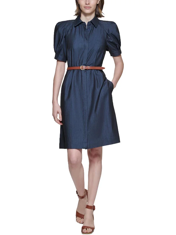 Womens Puff Sleeves Button Shirtdress