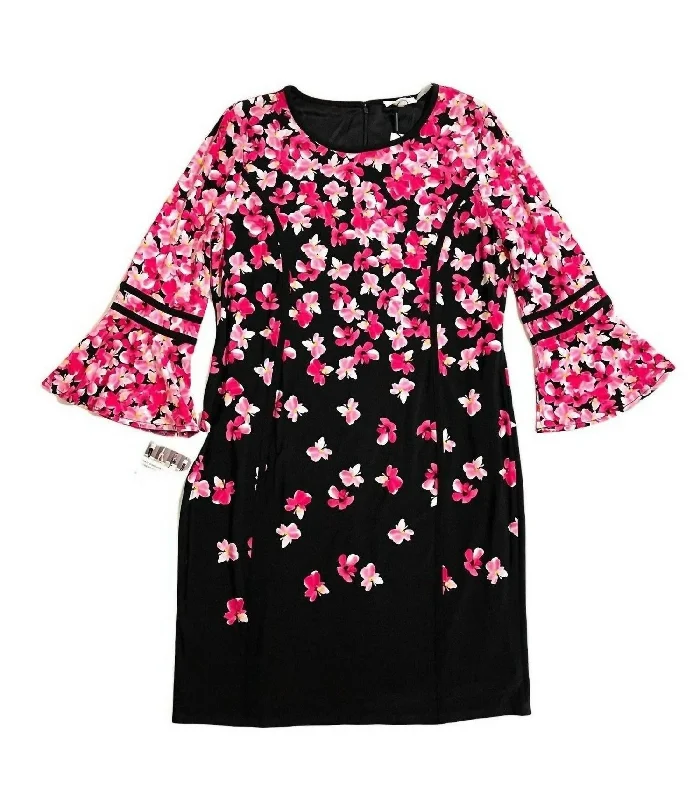 Shift Dress With Pink Floral Print And Flare Sleeves In Black