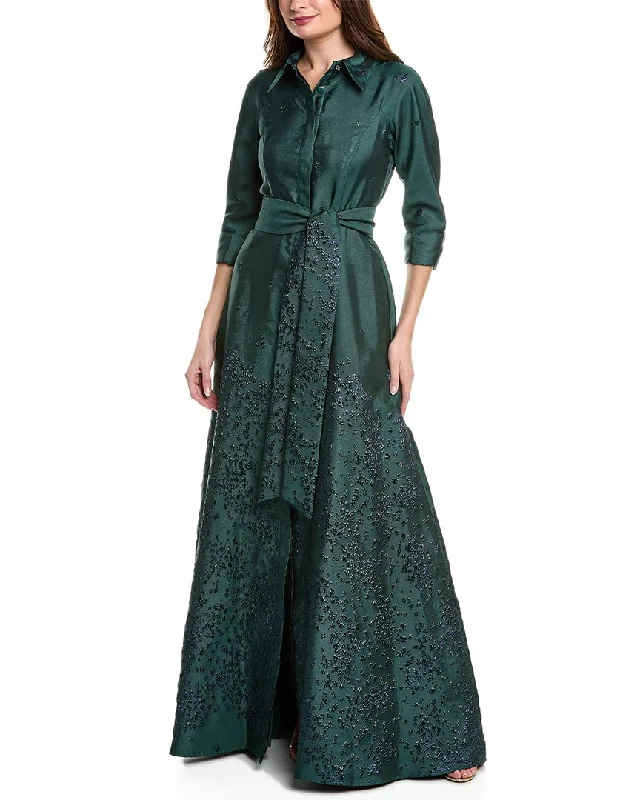 Teri Jon by Rickie Freeman Metallic Jacquard Shirt Gown