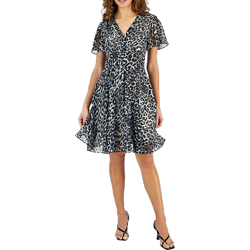 Felicia Womens Animal Print Ruffled Fit & Flare Dress