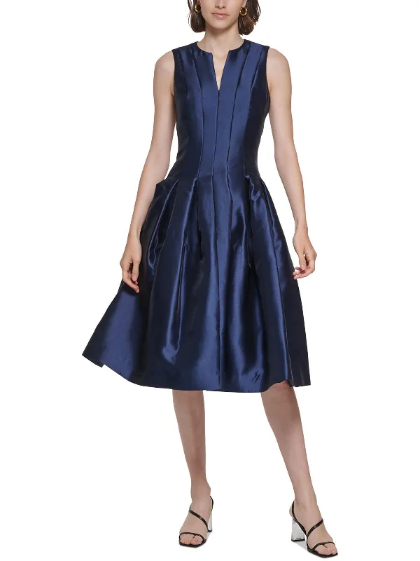 Womens Pleated Polyester Fit & Flare Dress