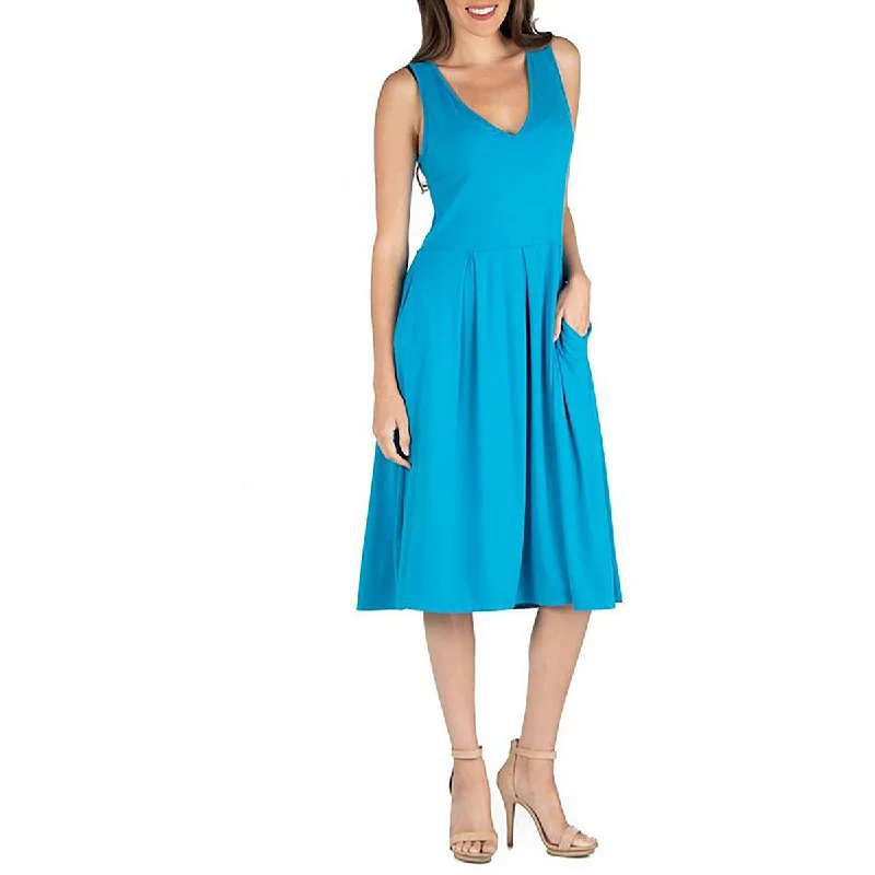 Womens V-Neck Side Pockets Fit & Flare Dress