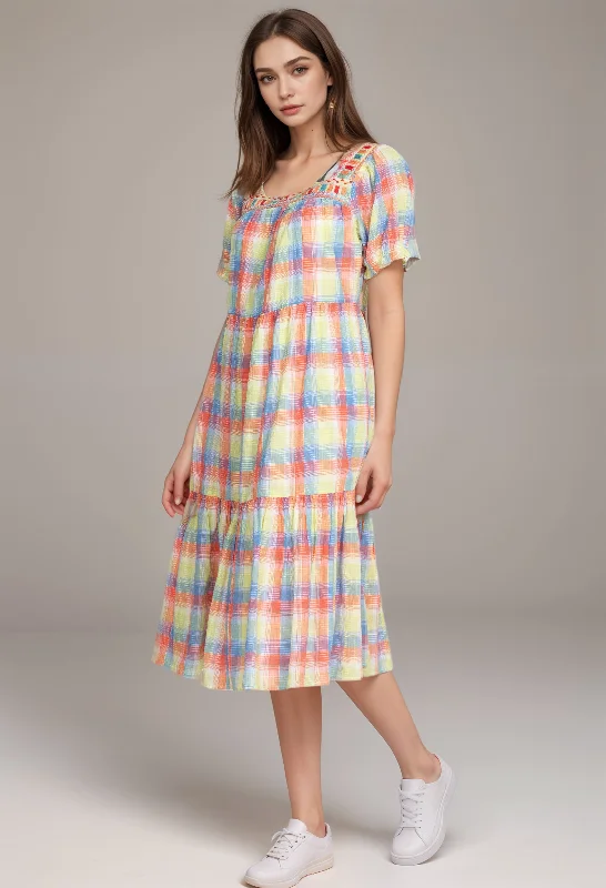 Johnny Was Workshop Delacey Plaid Square Neck Midi Dress W30022 Boho Chic