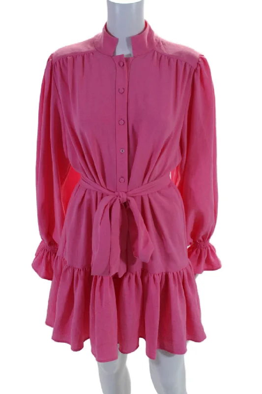 Alexis Womens Long Sleeves Button Down Belted Shirt Dress Pink