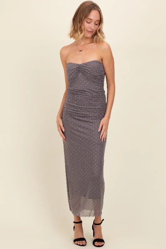 Grey Dot Print Strapless Ruched Maxi Dress