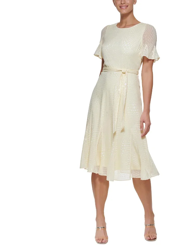 Womens Belted Midi Fit & Flare Dress