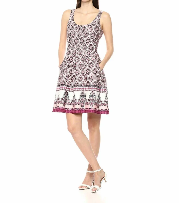 Sleeveless Fit & Flare Printed A Line Dress In Pink