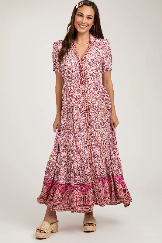 Pink Floral Button Up Maternity Midi Dress