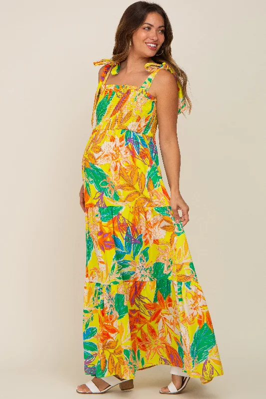 Yellow Tropical Print Smocked Tie Sleeve Maternity Maxi Dress