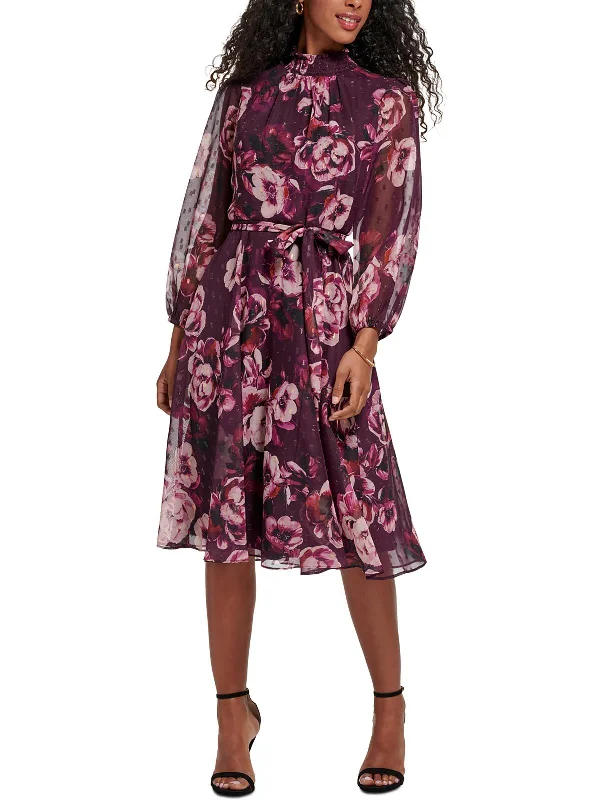 Petites Womens Chiffon Floral Fit & Flare Dress