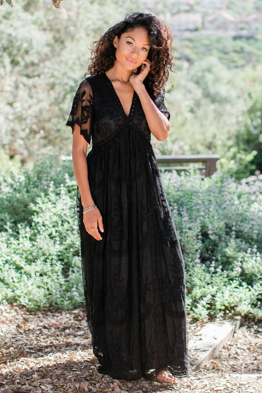 PinkBlush Black Lace Mesh Overlay Maxi Dress