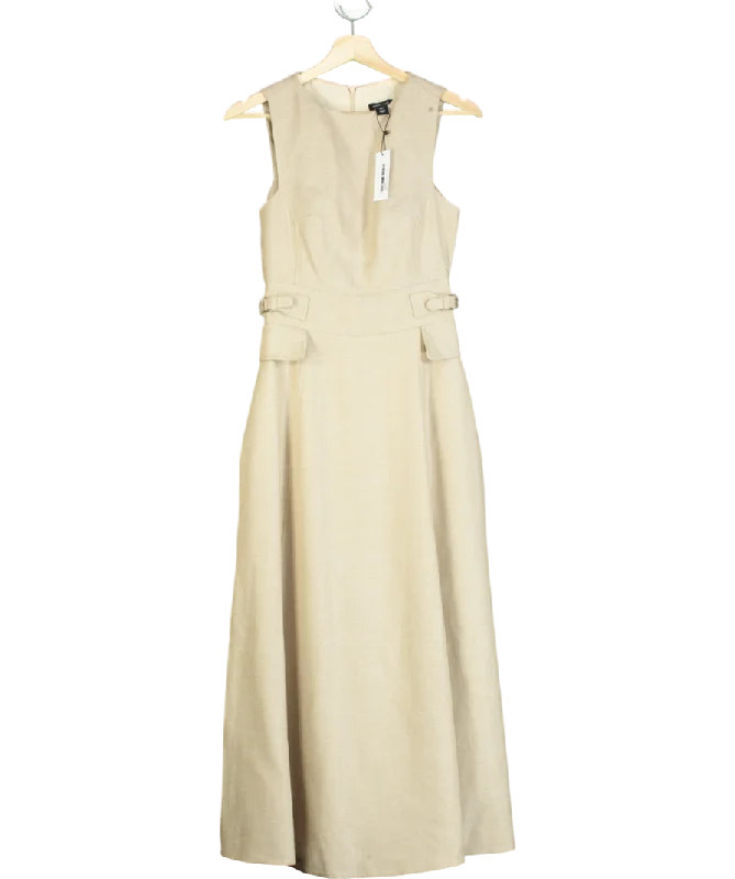 Karen Millen Beige Premium Linen Tab Waist Detail Full Skirt Tailored Midi Dress UK 6