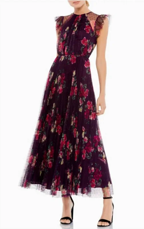 Floral Ruffle Fit And Flare Tulle Dress In Plum Multi