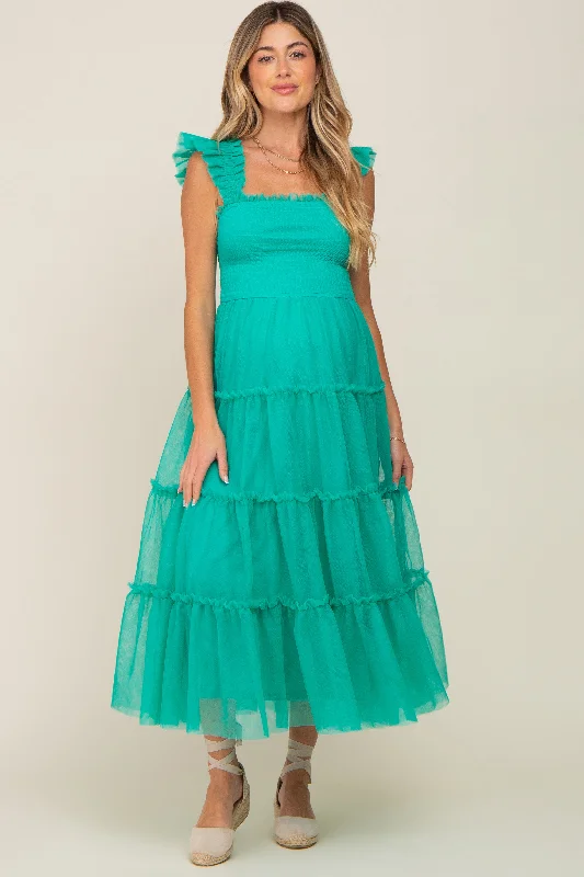 Jade Smocked Mesh Ruffle Accent Maternity Midi Dress