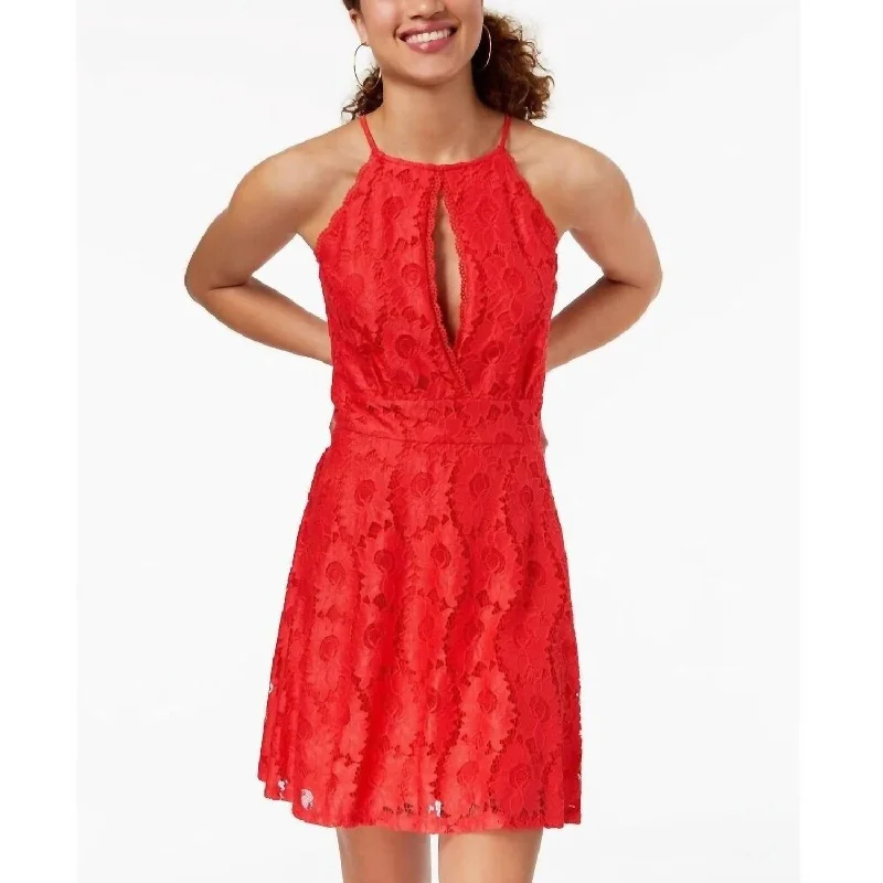 Lace Sleeveless Fit Flare Skater Dress In Red