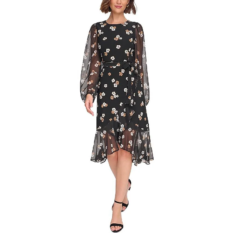 Womens Ruffled Floral Print Fit & Flare Dress