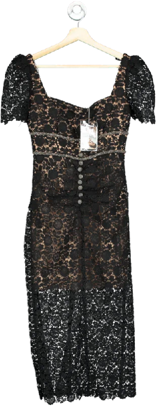 Self Portrait Black Guipure Lace Fitted Midi Dress with Diamante details UK 4